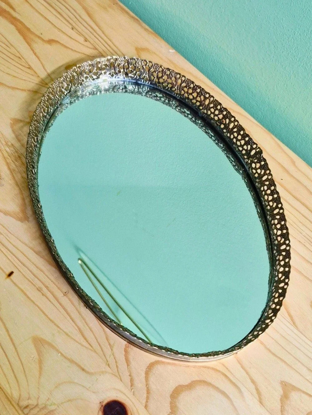 Vintage Oval Vanity Mirror Tray with Ornate Filigree Edge
